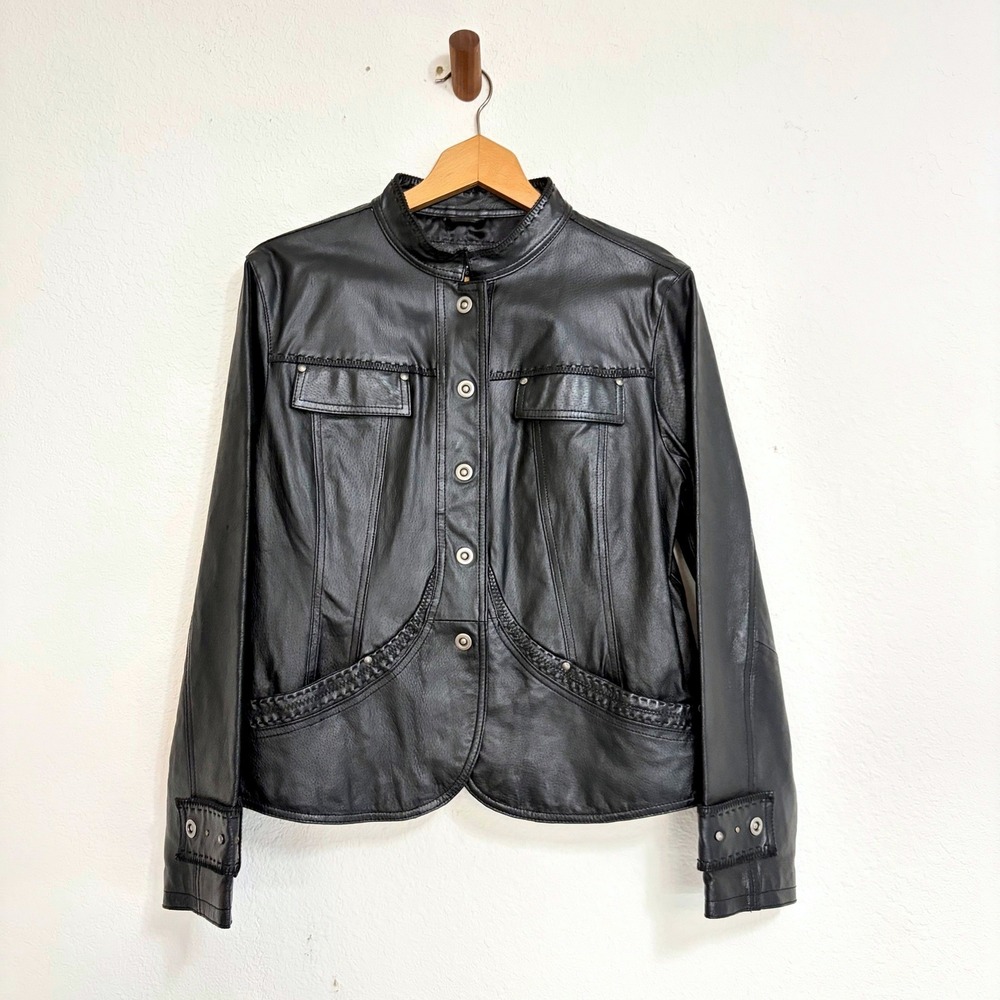 Live A Little Jacket Women L Black Leather Western Whipstitch Studded 6231L